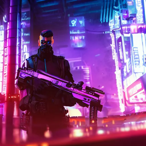 Image similar to A synthetic mercenary with human appearance and a gun drinking at a bar, night, cyberpunk city, purple neon, bladerunner, hyperrealistic, 8k render, cinematic lightning, ultra hd