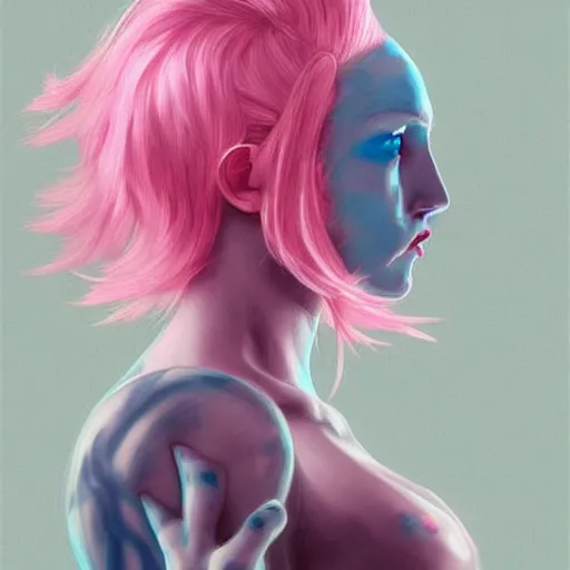 Prompt: beautiful warrior angel with pink hair, upper body, blue piercing eyes, mystery, love, thin features, beautiful aesthetic, by james jean, trending on artstation, digital art