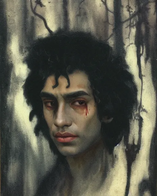 Image similar to a beautiful but sinister ethnically ambiguous young man in layers of fear, with haunted eyes and wild hair, 1 9 7 0 s, seventies, woodland, a little blood, moonlight showing injuries, delicate embellishments, painterly, offset printing technique, by brom, robert henri, walter popp