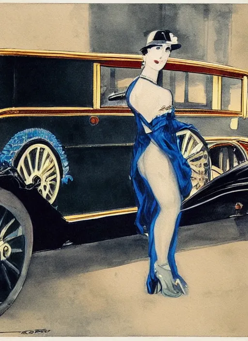 Image similar to a painting of a woman posing in front of a 1920's limo by Louis Icart, highly detailed, masterpiece, trending on ArtStation, ultra realistic