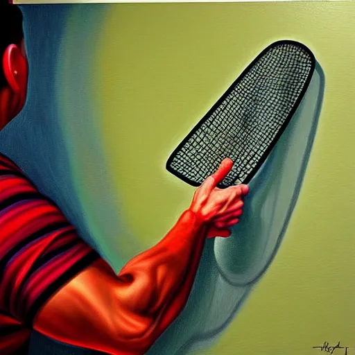 Prompt: hyperrealism painting from the housefly perspective getting swatted at from a man with a fly swatter in the kitchen