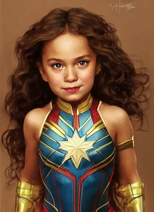 Image similar to a little girl with a mischievous face and light brown curly wavy hair. she is dressed as captain marvel, wonder woman, captain america, a superhero. clean elegant painting, beautiful detailed face. by artgerm and greg rutkowski and alphonse mucha