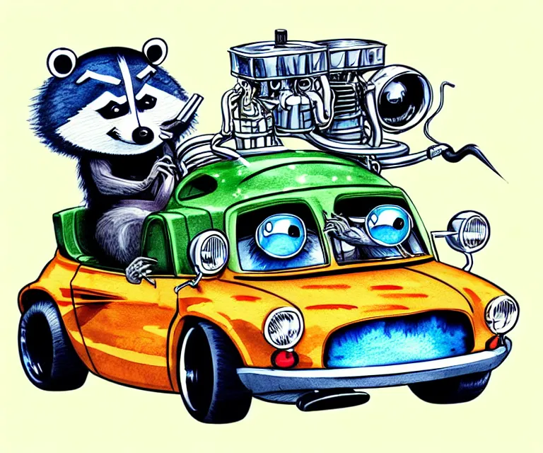 Image similar to cute and funny, racoon with a cigarette in mouth wearing a helmet riding in a tiny hot rod coupe with oversized engine, ratfink style by ed roth, centered award winning watercolor pen illustration, isometric illustration by chihiro iwasaki, edited by range murata