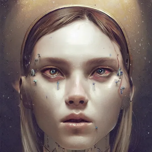 Image similar to a magical AI robot head, highly detailed, digital painting, smooth, sharp, beautiful face, expressive eyes, art by greg rutkowski and alex gray