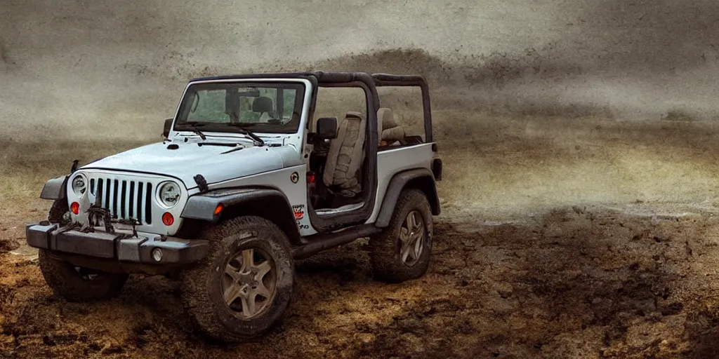 Prompt: a muddy 1997 hardtop white Jeep Wrangler drowning in quicksand, digital art, beautiful iridescent fog swallows the dirty swamp, gritty, cinematic, extraordinary colorful landscape, photorealistic, soft vintage glow