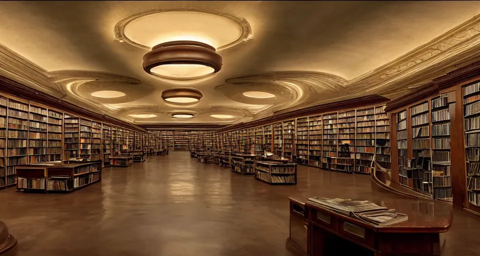 Prompt: an incredibly beautiful scene from a 2 0 2 2 marvel film featuring an art deco library during a hurricane. recessed lights. large windows. lightning. golden hour. 8 k uhd.