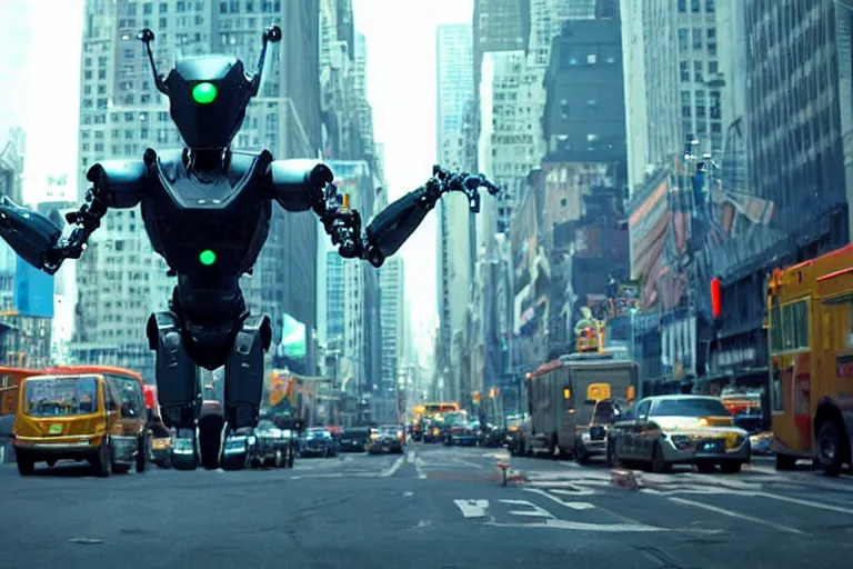 Prompt: VFX movie of a flying dark futuristic robot cyborg superhero with 6 arms levitating on New York street, atmospheric , by Emmanuel Lubezki