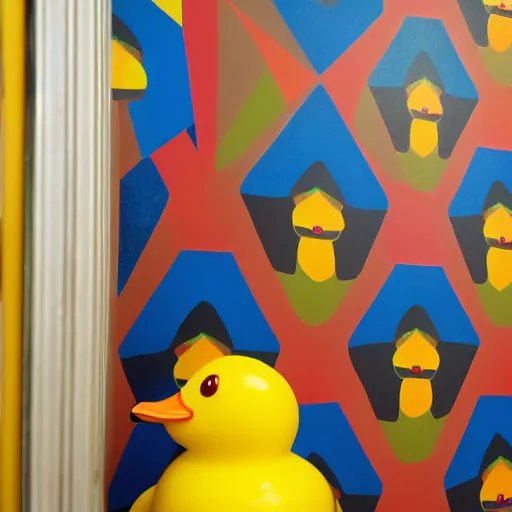 Image similar to wide shot, one photorealistic rubber duck in foreground on a pedestal in an art gallery, the walls are covered with colorful geometric wall paintings in the style of sol lewitt, tall arched stone doorways, through the doorways are more wall paintings in the style of sol lewitt.