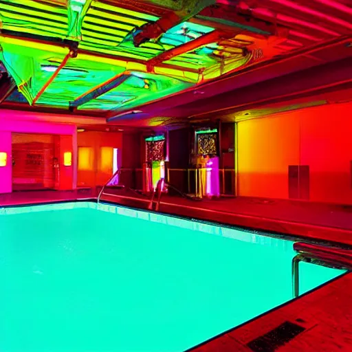 Prompt: a pool in a night club that has a door at the bottom of it. neon colors.