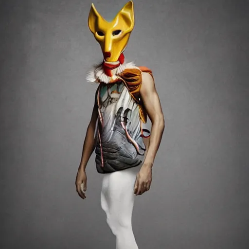 Image similar to an slim athletic beautiful male alien with ombre colored skin wearing a fine arts kitsune mask, photographed by erwin olaf for a fine art gallery