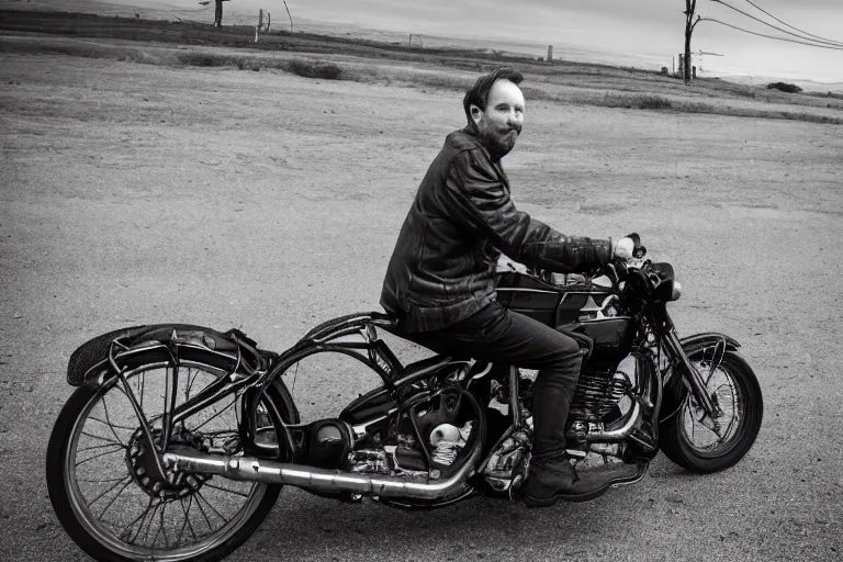 Image similar to portrait of redhead man on a motorcycle By Emmanuel Lubezki