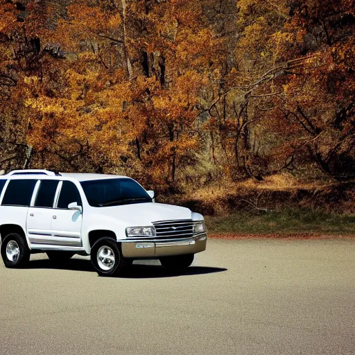 Prompt: 2001 Chevy suburban, car photography, white car