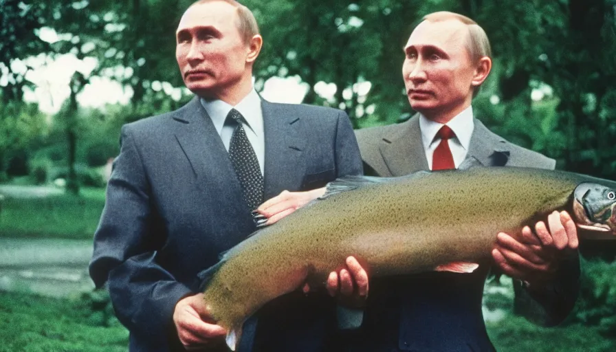 Prompt: 7 0 s movie still of putin in tellsell, proudly holding a salmon. cinestill 8 0 0 t _ 3 5 mm eastmancolor, heavy grain, high quality, high detail