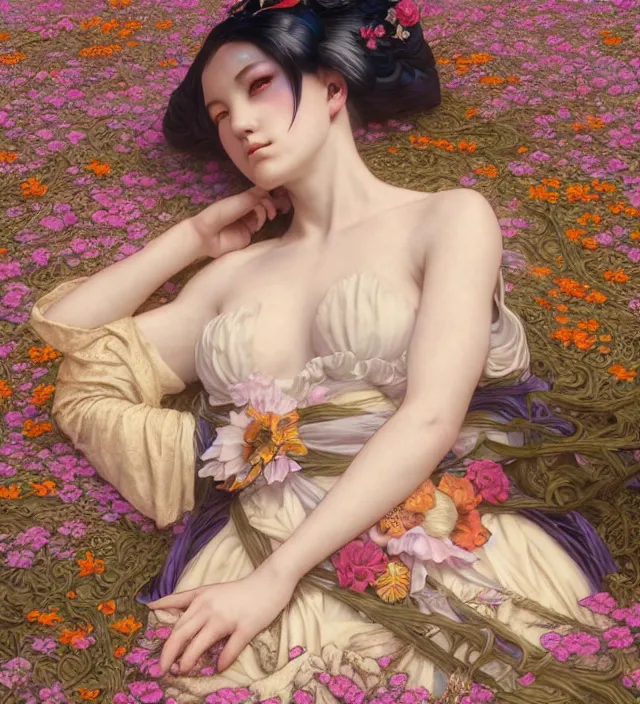 Image similar to baroque portrait of one steampunk bohemian geisha woman of porceline skin lying down in a river made of thousand of flowers, cinematic lighting, photorealistic, octane render, 8 k, depth of field, art by artgerm and greg rutkowski and alphonse mucha and uang guangjian