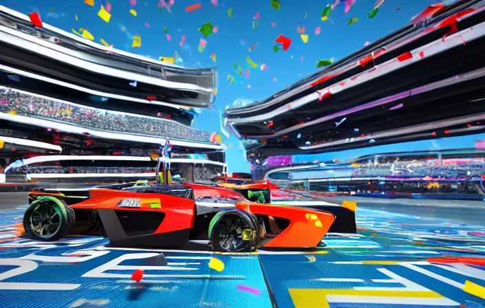 Prompt: wide angle shot of a futuristic racetrack from the attendee stands with confetti on a sunny day with a clear blue sky and big tv screens in the background showing the car race, cyberpunk, profile shot, digital painting, good value control, unreal engine 5, 8 k, fourze, realistic textures, wipeout 2 0 4 8, f - zero