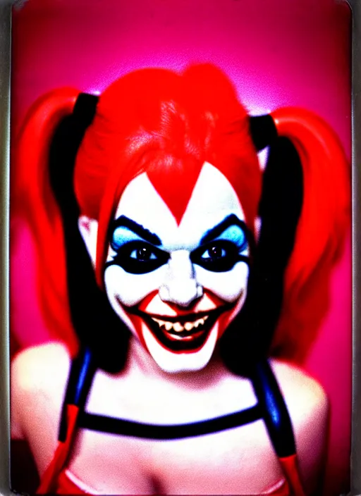 Image similar to kodak portra 4 0 0 of wendy's mascot wendy thomas as harley quinn, nostalgia filter 8 k, soft light, volumetric lighting, highly detailed, 1 5 0 mm lens, polaroid, photo realistic skin, backlit texture