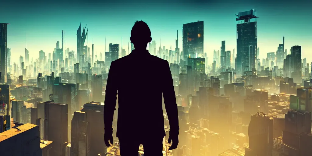 Image similar to a view of a man's back standing on top of a building, with cyberpunk city buildings in the background, volumetric light, cinematic, moody