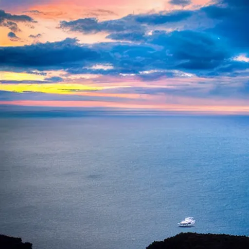 Image similar to micro - hurricane, blue hour, early night, deep blue atmosphere, very late evening, sundown, scattered islands, sea, ocean, low pressure system, cloud with eye, very windy, late evening, distant hotel retreat on cliffside, shining lights on cliff side, polaroid photograph