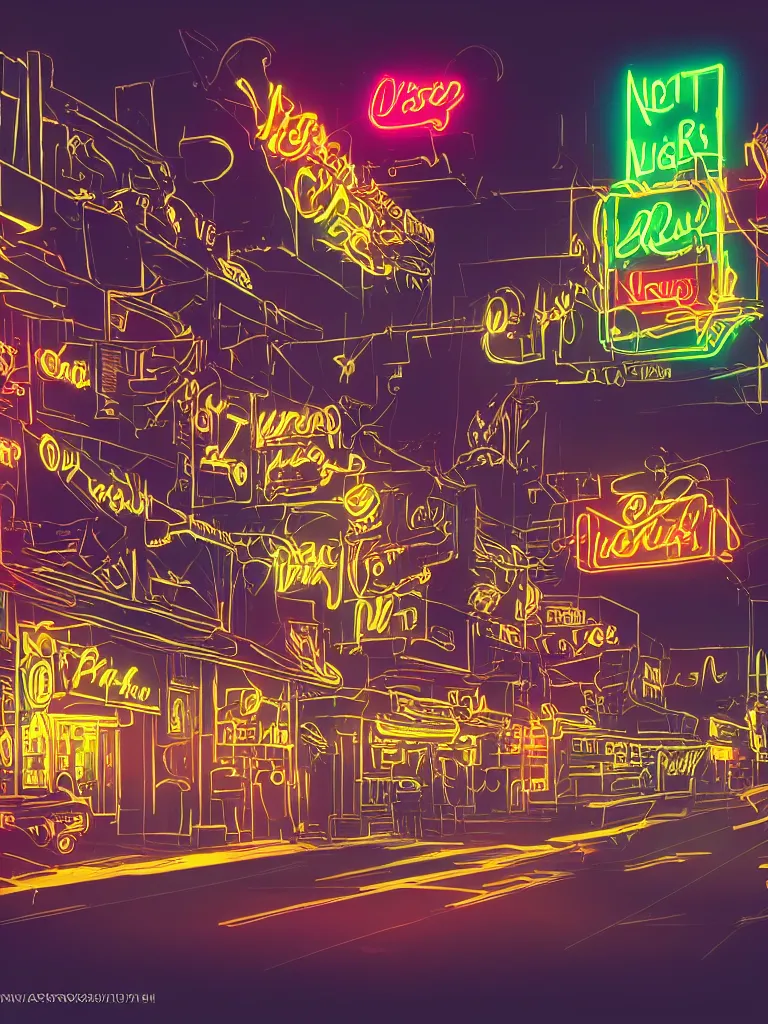 Prompt: neon signs at night with motion blur disney concept artists, blunt borders, rule of thirds