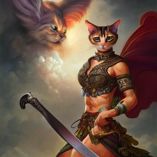 Image similar to anthropomorphic calico cat warrior wielding a sword, highly detailed matte fantasy painting, stormy lighting, by ross tran, by artgerm, by lisa frank, by brom, by peter mohrbacher