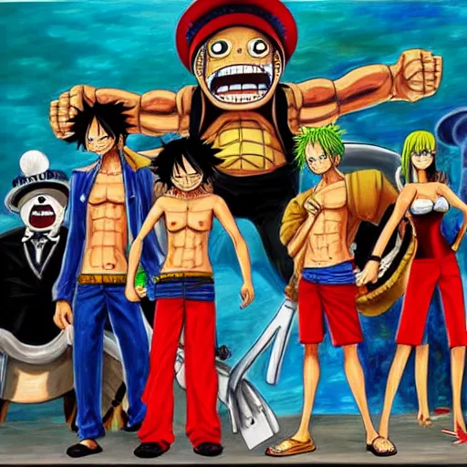 Image similar to the cast of one piece in cybernetic suits, oil painting,