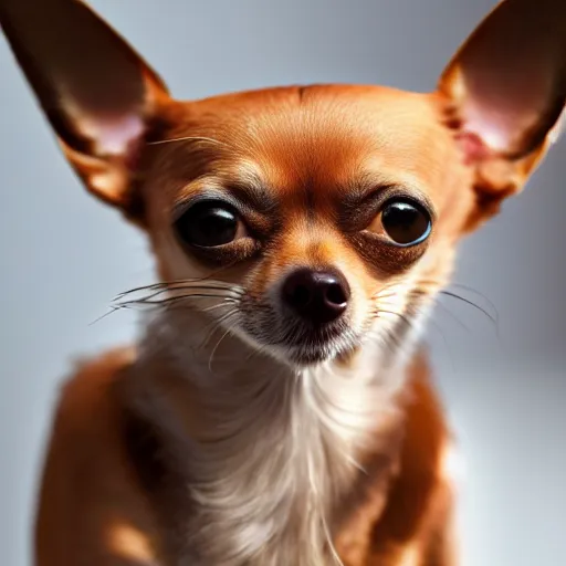 Image similar to studio photo of a chihuahua cat hybrid with feline face, 4k