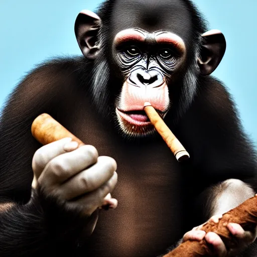 Image similar to a high detail photo of an antropomorphic chimp wearing a suit smoking a cigarrette, subject= chimp, subject detail: wearing a suit, subject action: smoking a cigar, photorealism, dramatic lighting, award winning photograph, trending on artstation