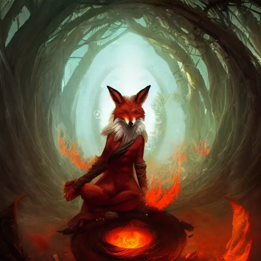 Image similar to anthropomorphic druidic fox in a vortex of flame, 8k resolution matte fantasy painting, cinematic lighting, DeviantArt Artstation, Jason Felix Steve Argyle Tyler Jacobson Peter Mohrbacher