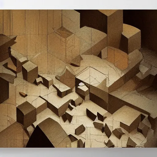 Image similar to masterpiece abstract intricate painting of detailed multiple layers of rocky material. highly geometric slanting down. isometric angles. beautiful use of light and shadow to create a sense of depth. using architectural brushwork and a limited earthy color palette, providing a mathematical sketchy look.