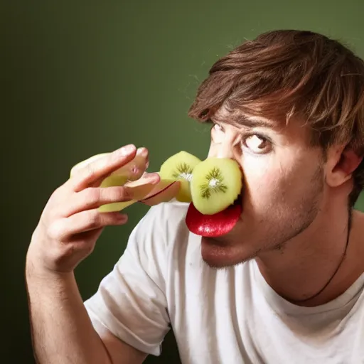 Prompt: man eating fruit made out of paper