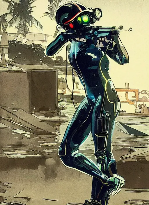 Image similar to Maryanne. USN blackops operator emerging from water at the shoreline. Operator wearing Futuristic cyberpunk tactical wetsuit and looking at an abandoned shipyard. Frogtrooper. rb6s, MGS, and splinter cell Concept art by James Gurney, Alphonso Mucha. Vivid color scheme.