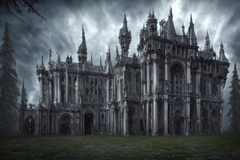 Prompt: immense gloomy gothic fantasy palace exterior, grey color scheme, no plant life, distant zoomed out view, cloudy skies with god rays shining through, ethereal magic lighting, dynamic lighting, highly detailed, 4 k