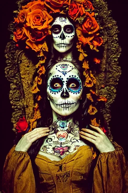 Image similar to 1 9 0 0's virgin mary dia de muertos dress and make up, horrific beautiful vibe, evocative, atmospheric lighting, painted, intricate, highly detailed, leesha hannigan, wayne haag, reyna rochin, ignacio fernandez rios, mark ryden, iris van herpen, stunning, gorgeous, sharp focus, cinematic, masterpiece