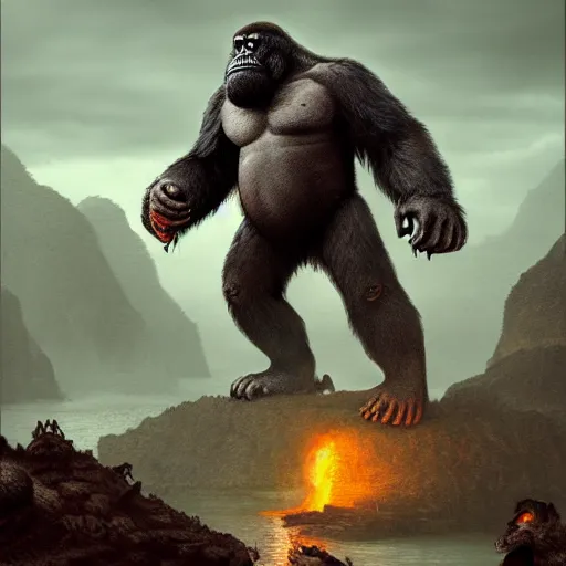 Image similar to King Kong in the Dangerous Skull Island, fantasy art, in the style of greg rutkowski, illustration, epic, fantasy, intricate, hyper detailed, artstation, concept art, smooth, sharp focus, ray tracing