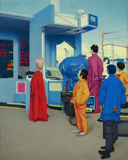 Prompt: square people conversing with blue dogs at a gas station with large oxygen tank in the style of Francis Bacon and Syd Mead and Norman Rockwell and Beksinski, open ceiling, highly detailed, painted by Francis Bacon and Edward Hopper, painted by James Gilleard, surrealism, airbrush, very coherent, triadic color scheme, art by Takato Yamamoto and James Jean