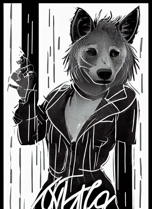 Image similar to beautiful hyena fursona portrait commission of a female anthropomorphic hyena fursona wearing 1 9 8 0 s stylish clothes. city at night in the rain. neon light. atmospheric. character design by charlie bowater, detailed, inked, western comic book art