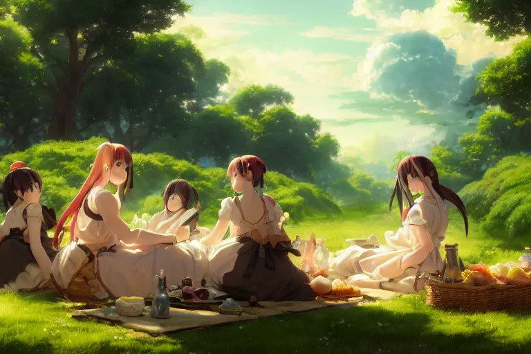 Prompt: baroque oil painting of anime key visual concept art of anime maids having a picnic in rolling green plains, sunrays breaking through clouds, grimdark steampunk high fantasy, trending on artstation, brush strokes, oil on canvas, style of makoto shinkai and greg rutkowski and studio ghibli
