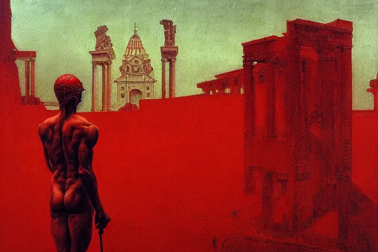 Image similar to only with red, caesar after war, a red tiger, in hoc signo vinces, rome in background, an ancient path, in the style of beksinski, part by hopper, part by rodcenko, part by hofbauer, intricate composition, red by caravaggio, insanely quality, highly detailed, masterpiece, red light, artstation