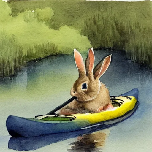 Image similar to a rabbit paddling a kayak on a small stream, watercolour realism