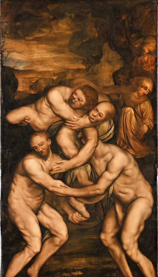 Image similar to two men in love seperated by a deity, on one side is light on the other is darkness, renaissance style