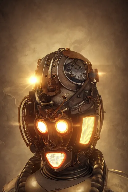 Image similar to steampunk mask minimalist fantasy art robot ninja helmet, global illumination ray tracing hdr fanart arstation by sung choi and eric pfeiffer and gabriel garza and casper konefal radiating a glowing aura