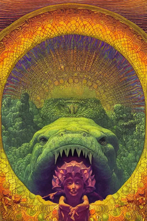 Image similar to beautiful crocodile headed god by maxfield parrish, mandala, coherent design, vivid colors, digital watercolor ink illustration painting, complementary color, golden ratio, detailed, sharp lines, sharp focus, intricate, rainbowshift, artgerm, gustave dore, alphonse mucha, octane render