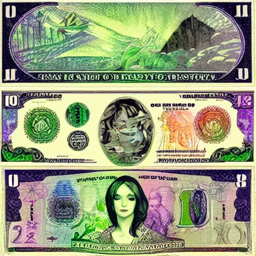 Image similar to fantasy art counterfeit money designs