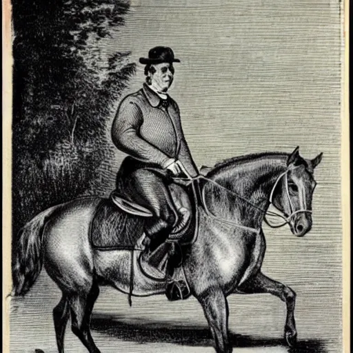 Image similar to Matteo Renzi riding a horse which has the face of Mario Draghi, in a 19th century caricature, black and white