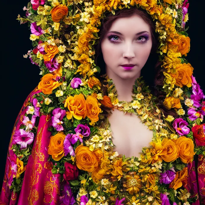 Image similar to photograph of a real-life beautiful flower goddess with ornate robes. Extremely detailed. 8k