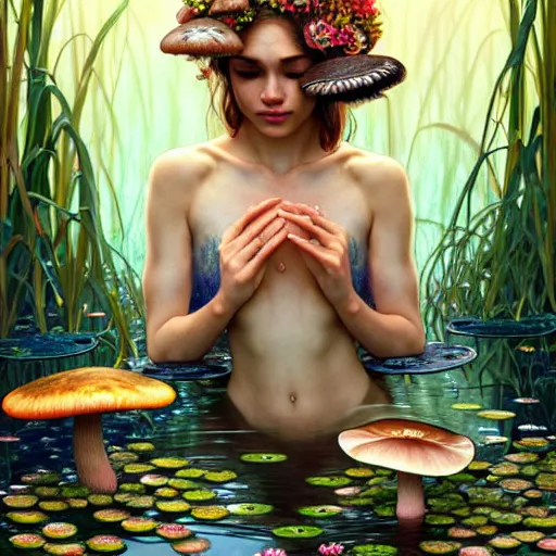 Image similar to Portrait of a girl surrounded by mushrooms while sitting at a pond with waterlilies, face, fantasy, intricate, elegant, highly detailed, digital painting, artstation, concept art, smooth, sharp focus, illustration, art by Fernanda Suarez and Artem Demura and alphonse mucha