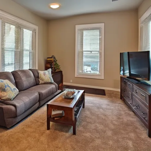 Image similar to showcase living room with recliner, bay window, table, tv