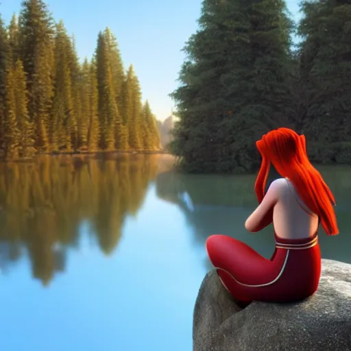 Prompt: redhead elf sitting next to a beautiful lake at dawn, , 8k ultra realistic, award winning, unreal engine 5, masterpiece