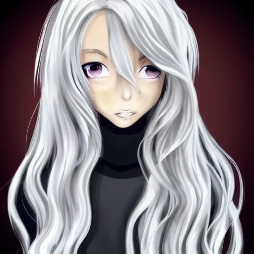 Image similar to young woman with long wavy light silver hair, with blackness instead of eyes, anime