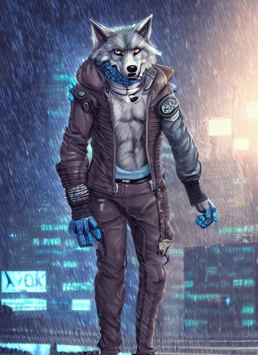 Image similar to character portrait of a male muscular anthro wolf fursona with a tail and a cute beautiful attractive detailed furry face wearing stylish cyberpunk clothes in a cyberpunk city at night while it rains. color page, tankoban, 4K, tone mapping. Nomax, Kenket, Rukis.